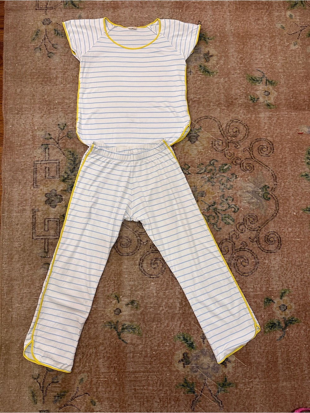 LAKE Pajamas Pima Cotton Short-Long Set Blue Stripe Yellow Piping Size S